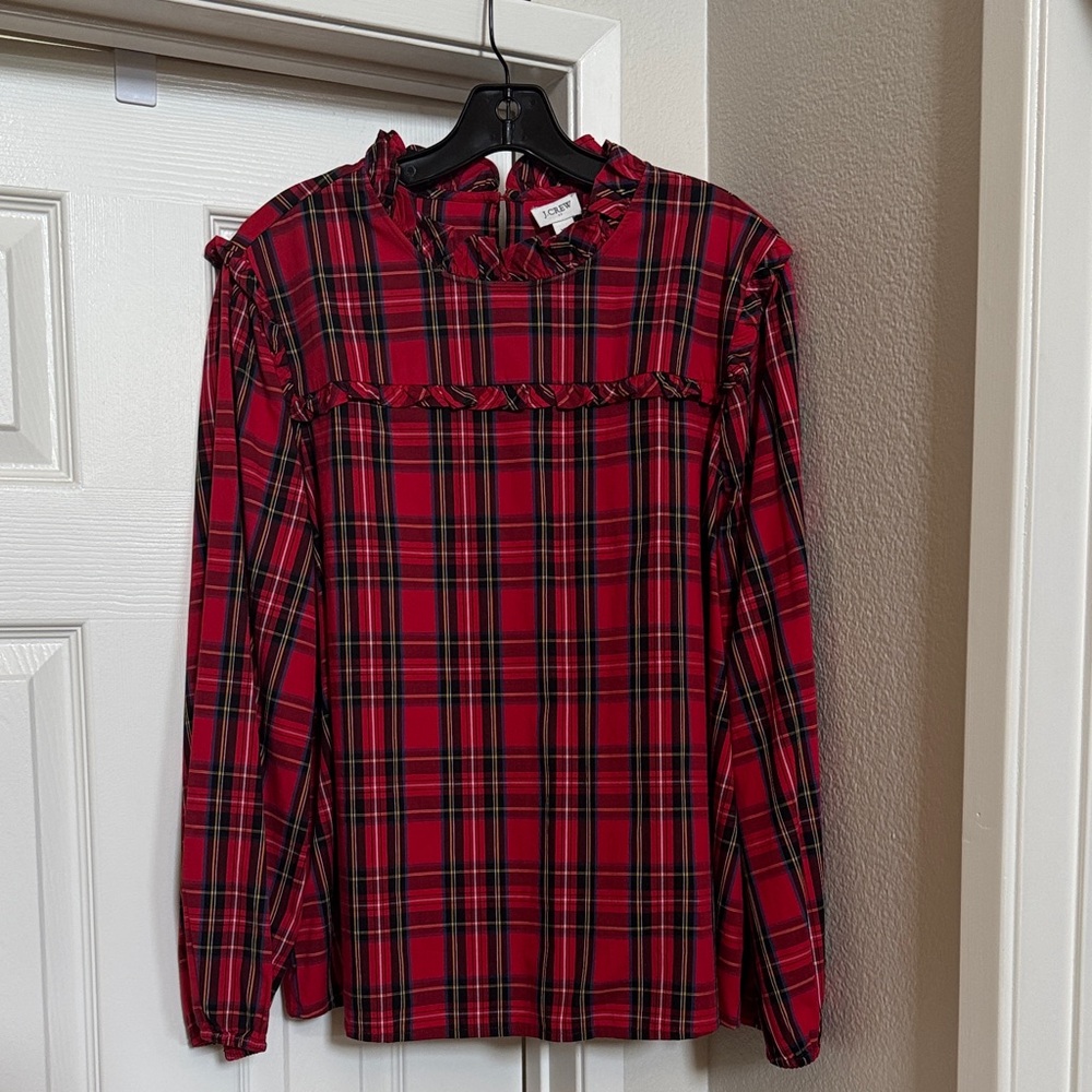 J. Crew Red Plaid Ruffle Shirt